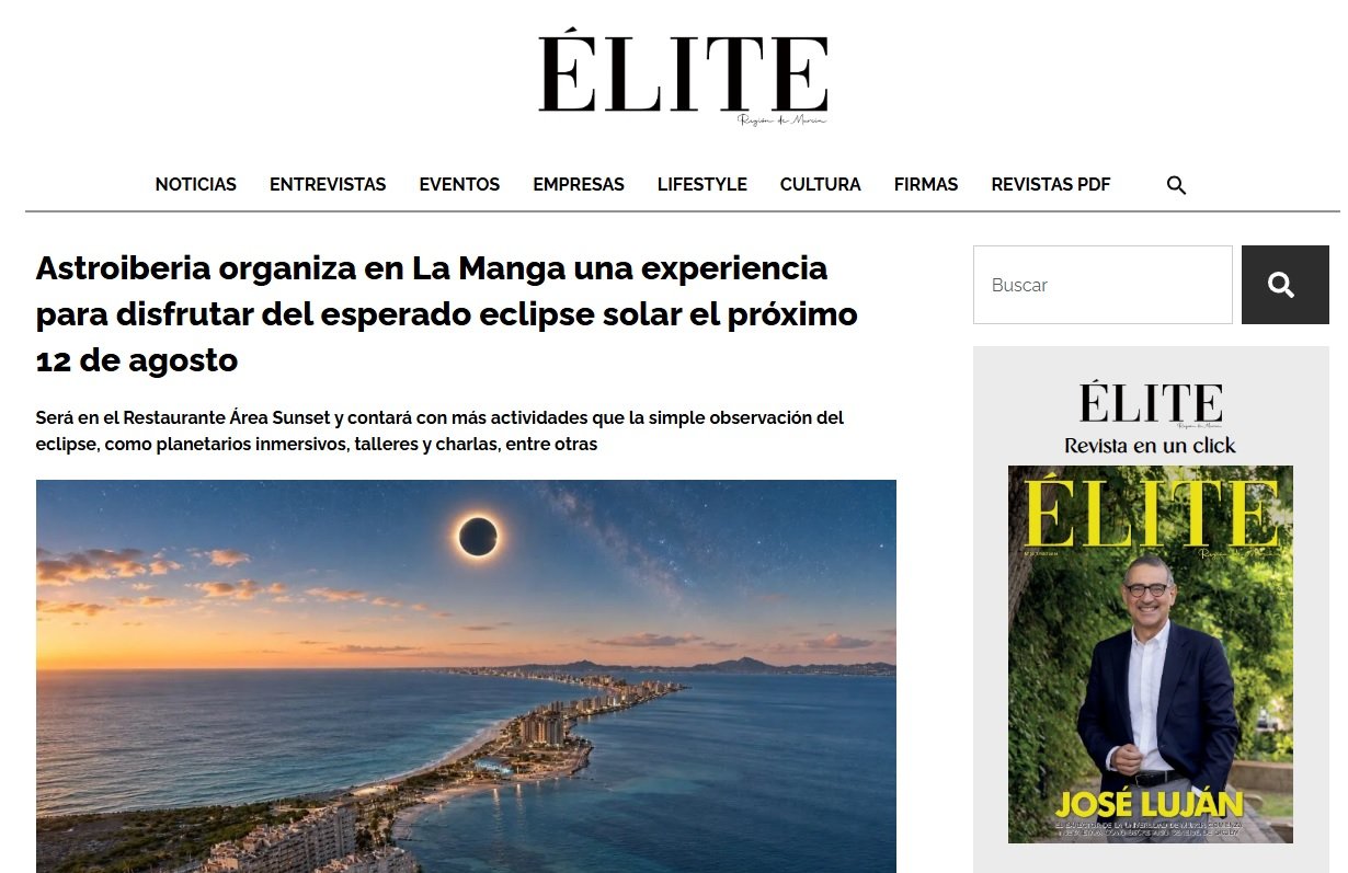 Revista Élite Murcia destaca la experiencia de Astroiberia para vivir el eclipse solar desde La Manga