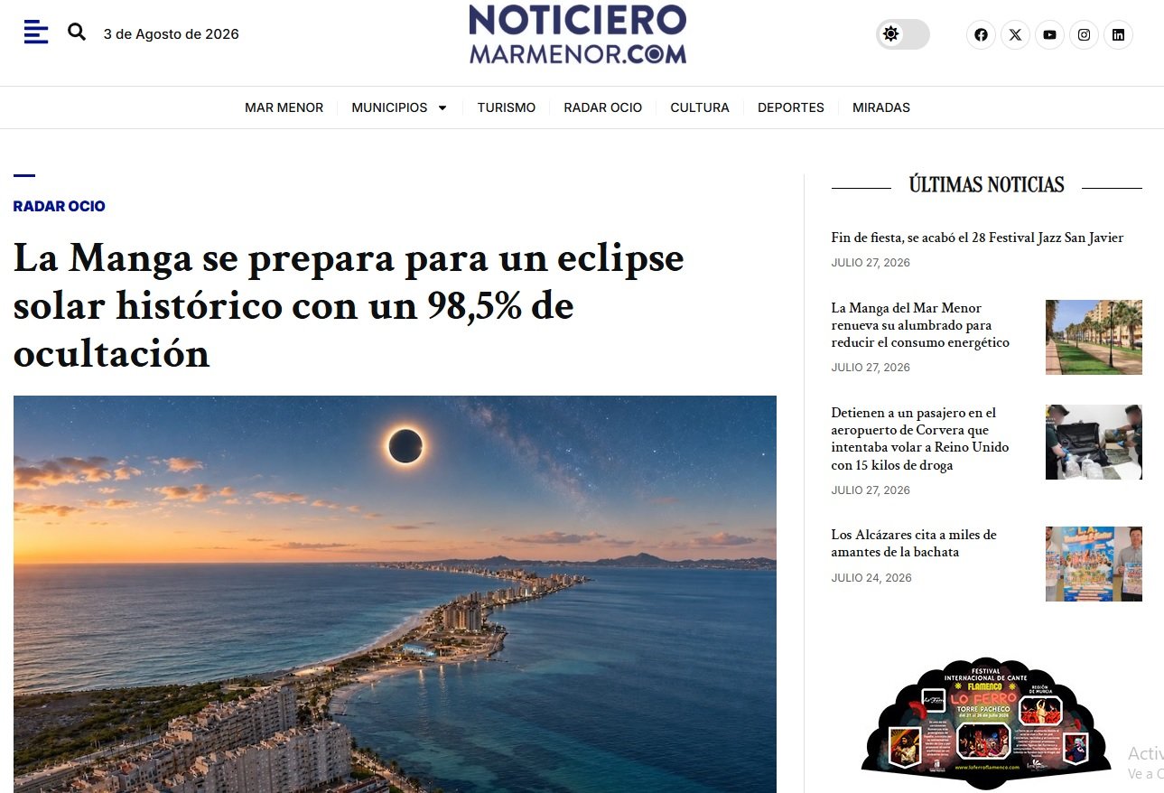 Noticiero Mar Menor destaca a Astroiberia por organizar una experiencia única para vivir el eclipse solar desde La Manga
